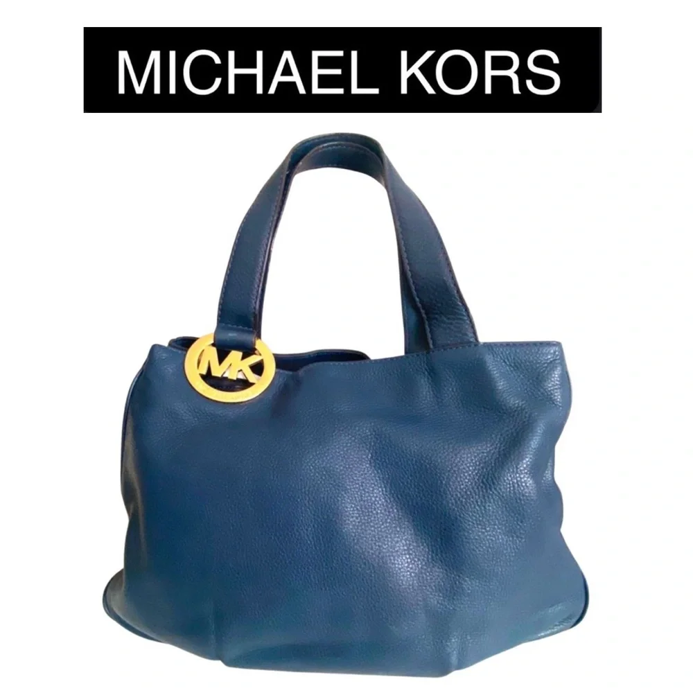 MICHAEL KORS Fulton Blue Pebble Leather Gold MK Logo Hobo Shoulder Bag, EUC